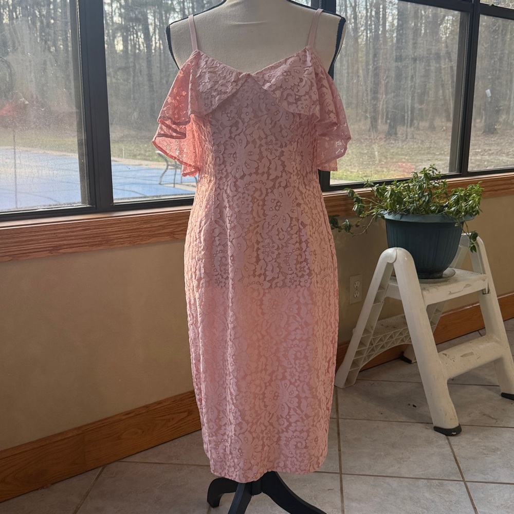 Trina Turk Blush Pink Lace Off-Shoulder Midi Dress